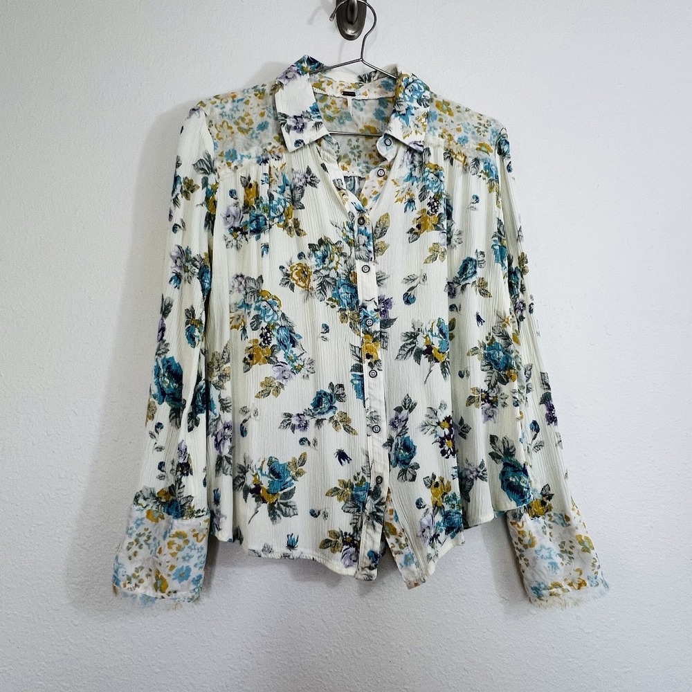 Free People Hold On To Me Blouse Ivory Floral Size S Small Oversized